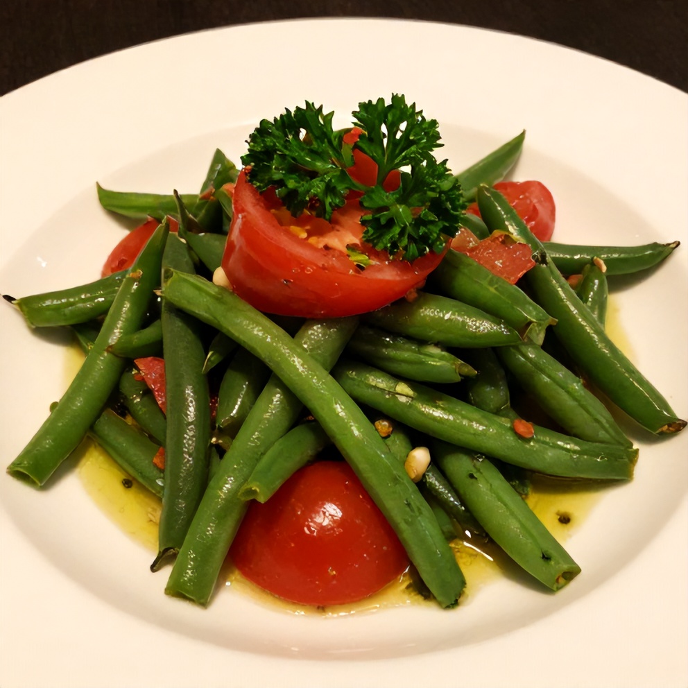 Plated fresh green bean and tomato salad with tangy vinaigrette