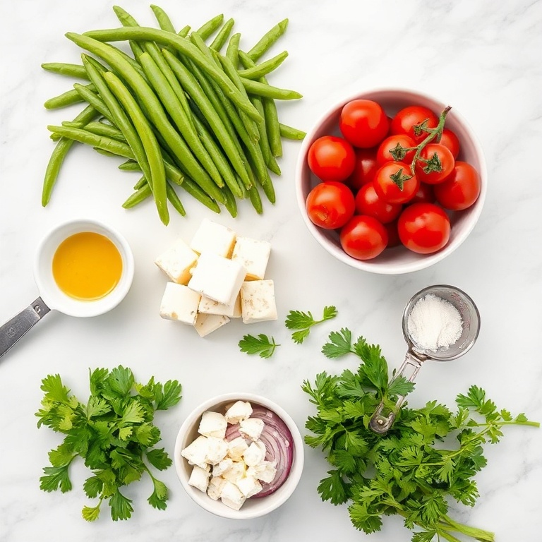 Raw ingredients for fresh green bean and tomato salad