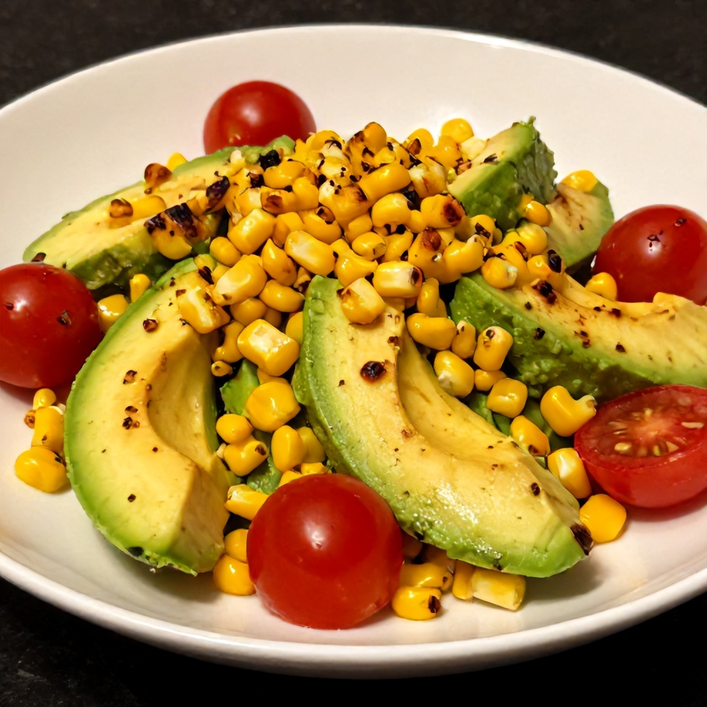 Plated serving of fresh grilled corn avocado salad
