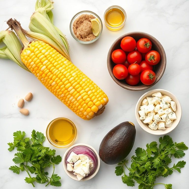 Raw ingredients for fresh grilled corn avocado salad
