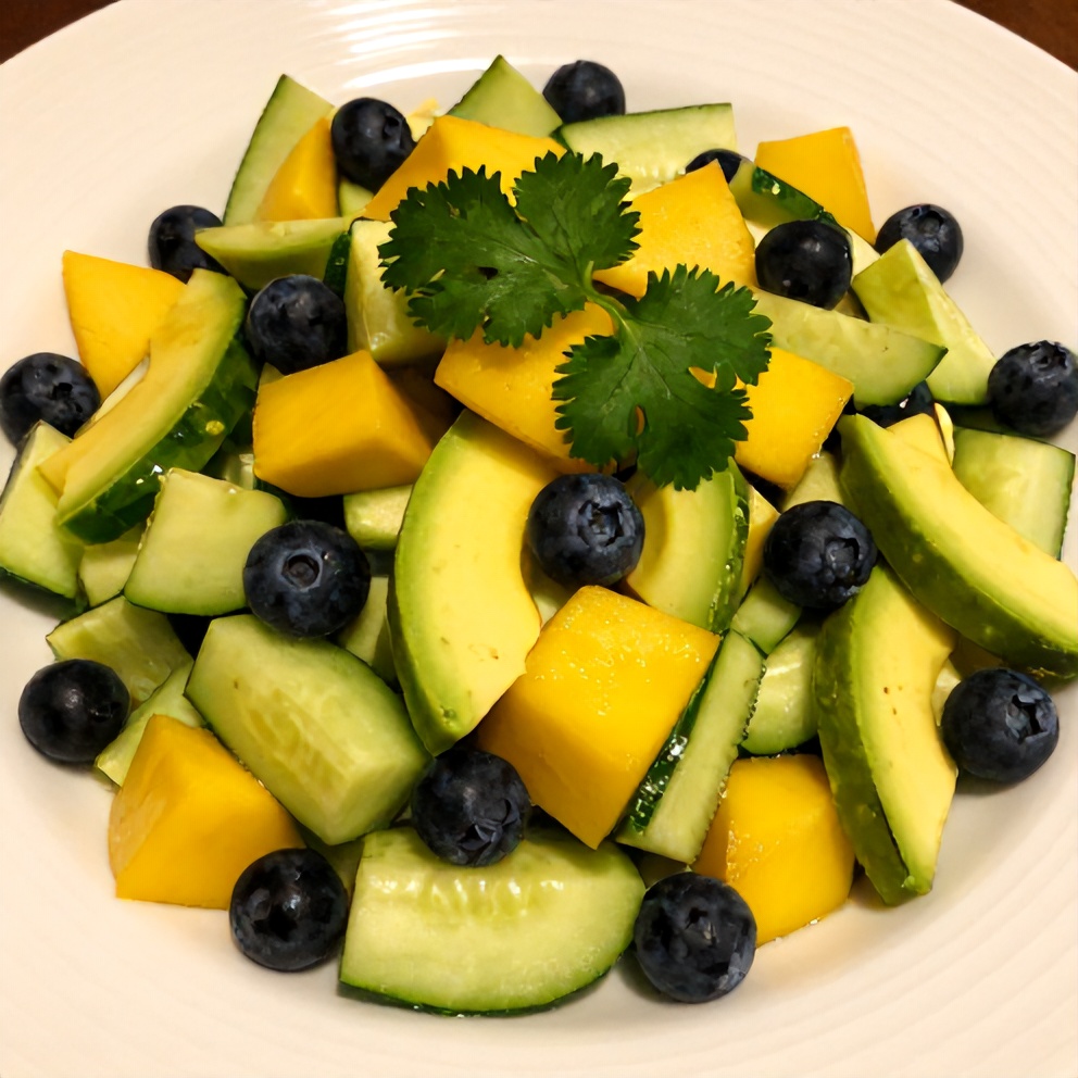 Plated serving of fresh mango cucumber salad with blueberries and avocado