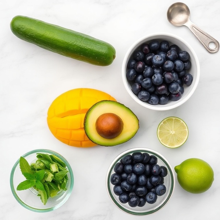 Raw ingredients for fresh mango cucumber salad on a marble surface