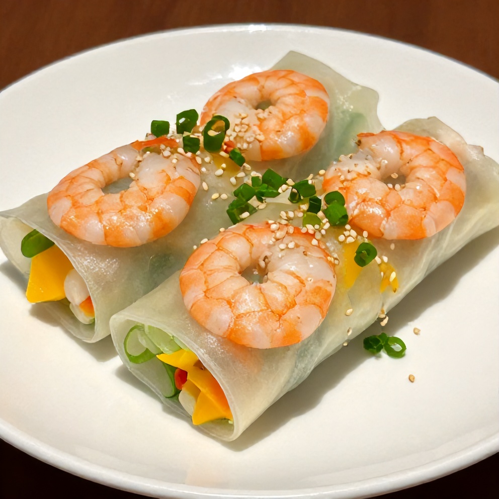 Plated Fresh Mango Shrimp Summer Rolls with green onions and sesame seeds
