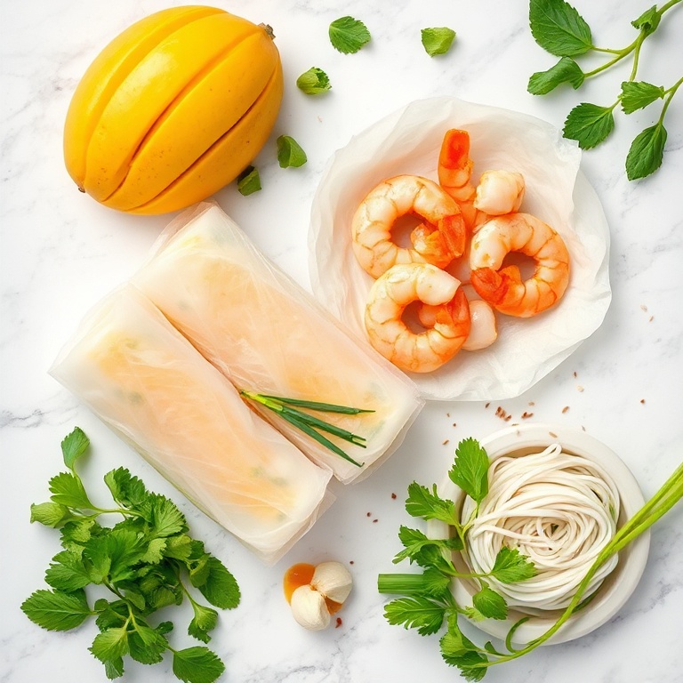 Raw ingredients for Fresh Mango Shrimp Summer Rolls on a white marble surface