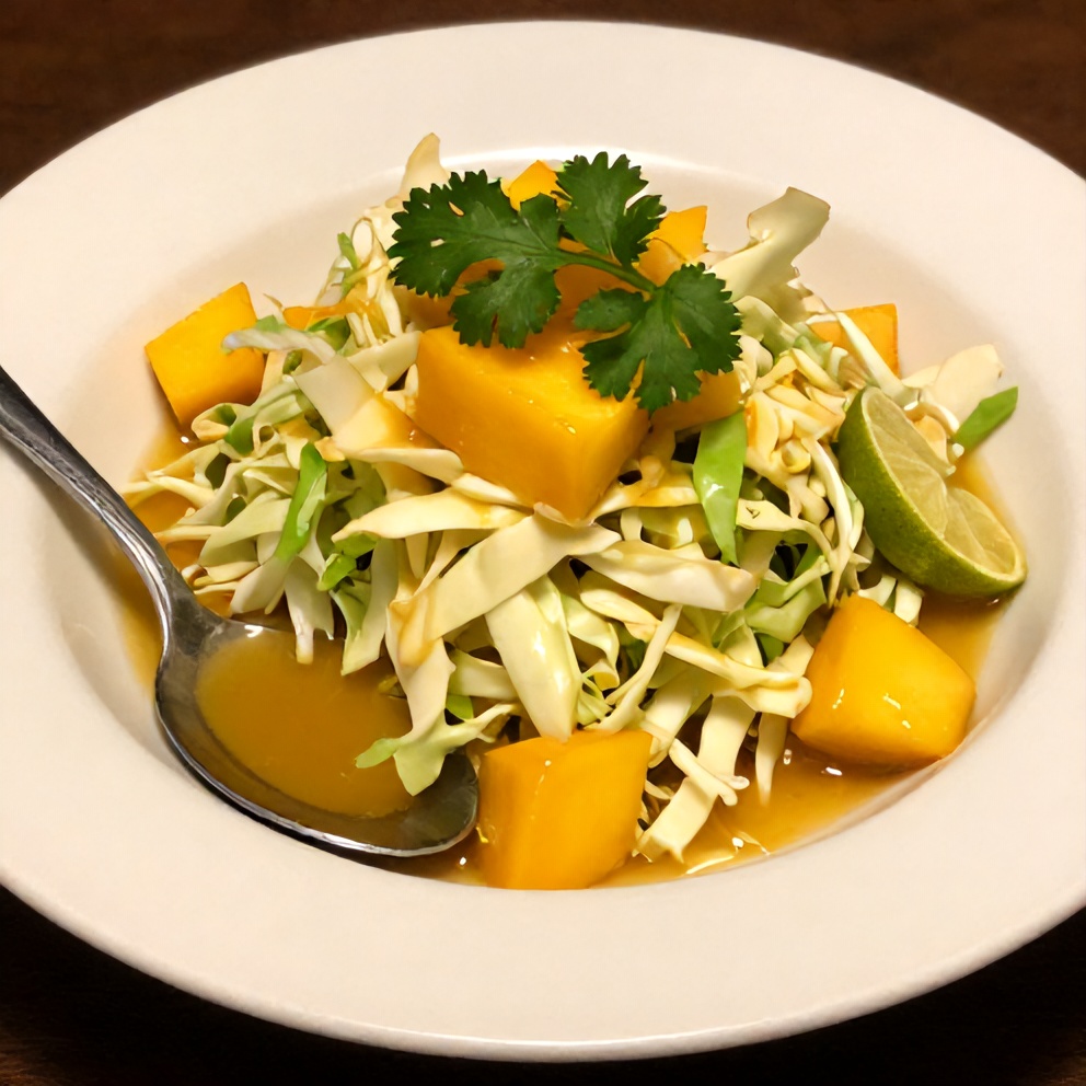 Plated fresh mango slaw with lime and honey dressing
