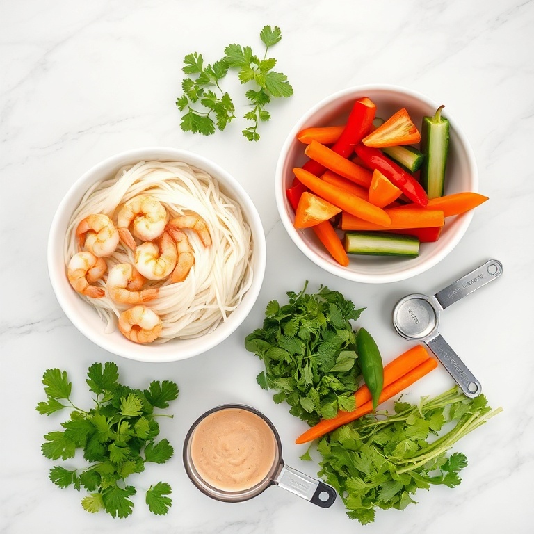Raw ingredients for Fresh Spring Roll Bowl with Creamy Peanut Sauce