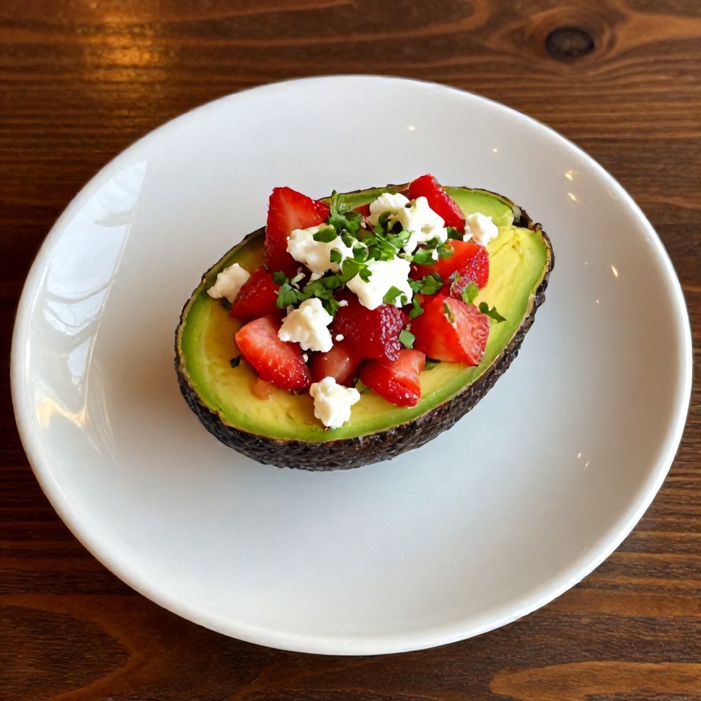 Plated serving of fresh strawberry salsa stuffed avocados