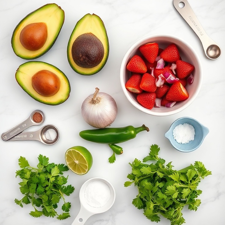 Ingredients for strawberry salsa stuffed avocados on a marble surface