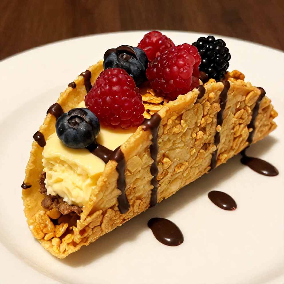Perfectly plated serving of Fruity Pebbles Cheesecake Tacos on a white plate