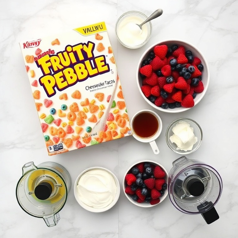Raw ingredients for Fruity Pebbles Cheesecake Tacos including cereal, cream cheese, and berries