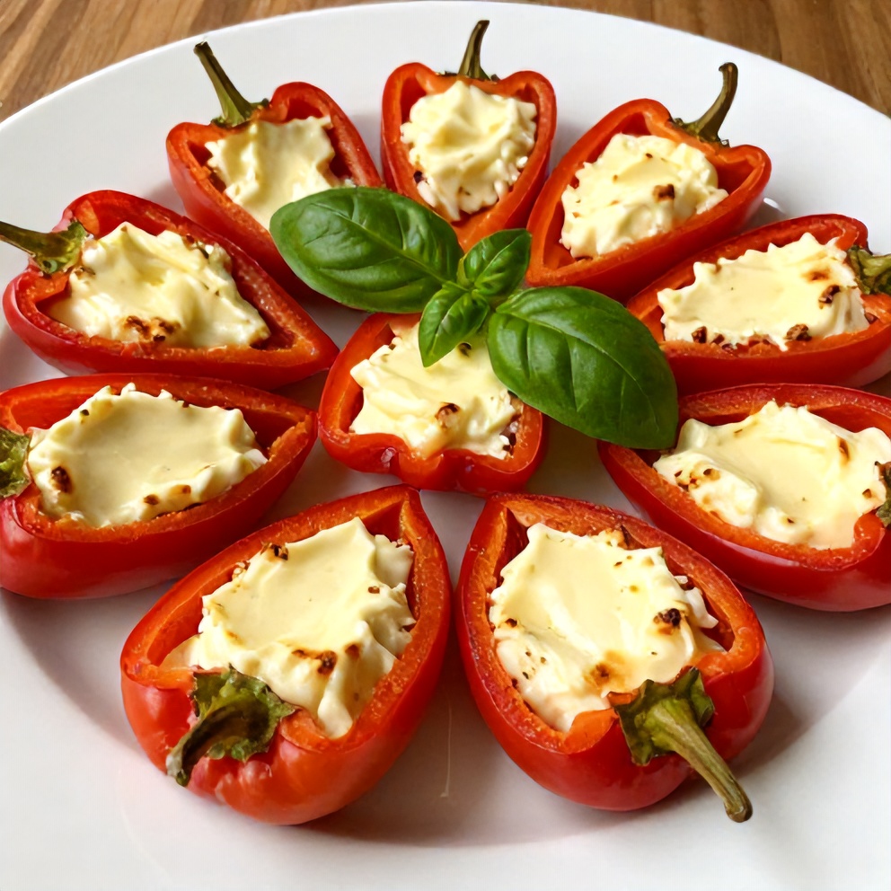 Plated goat cheese stuffed mini peppers with fresh herbs