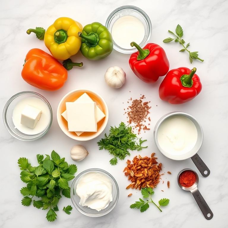 Raw ingredients for goat cheese stuffed mini peppers on a marble surface