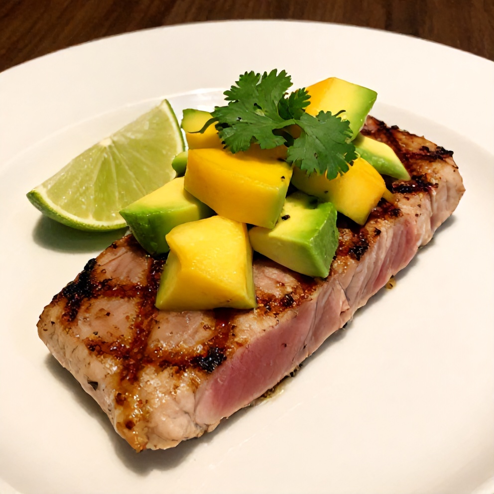 Plated grilled tuna steak with fresh mango avocado salsa