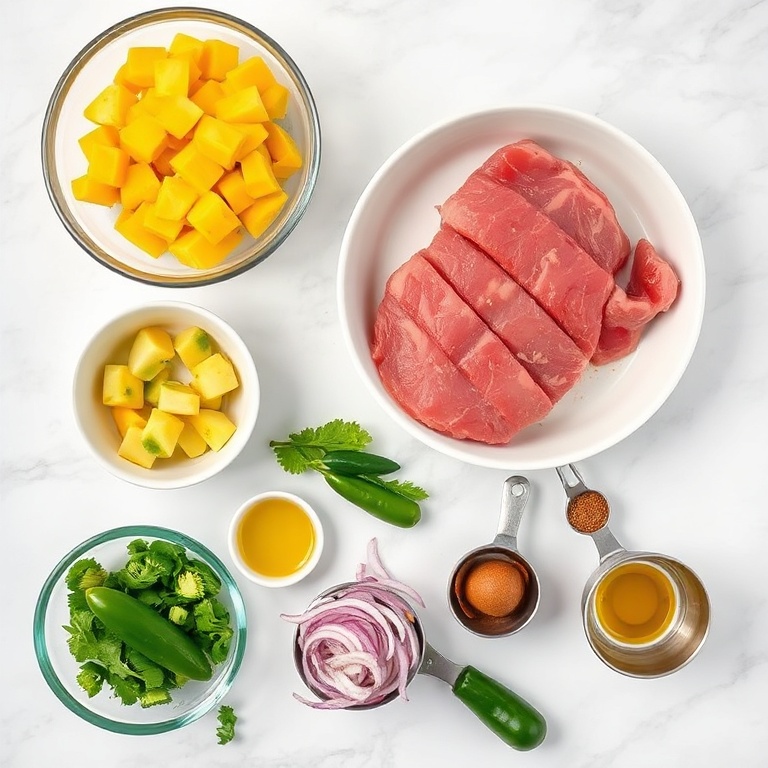 Raw ingredients for grilled tuna steak with mango avocado salsa