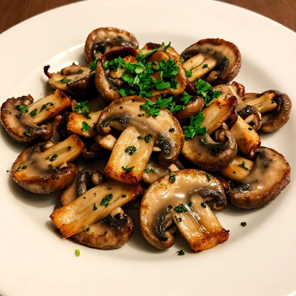 Plated serving of herb butter sautéed mushrooms with fresh parsley