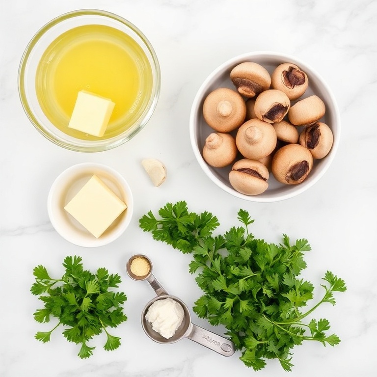 Raw ingredients for herb butter sautéed mushrooms in a flat lay