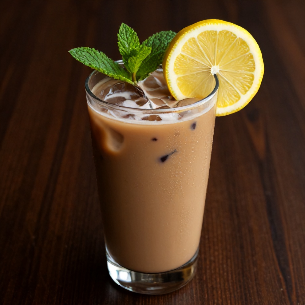 Hibiscus cardamom iced latte with a lemon slice garnish