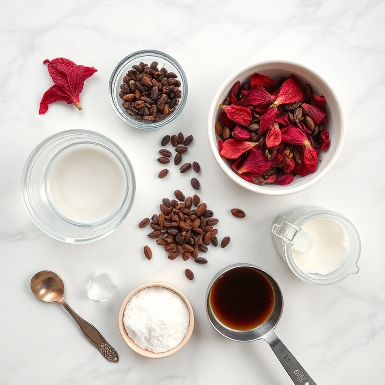 Hibiscus flowers, cardamom pods, coffee beans, and other ingredients for iced latte