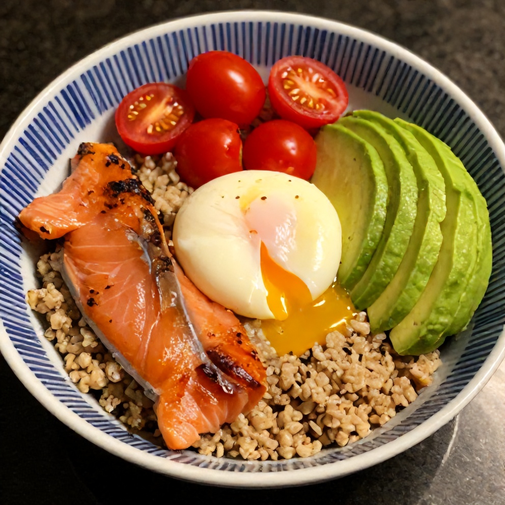 High protein smoked salmon quinoa breakfast bowl with poached egg