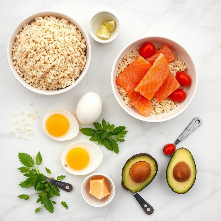 Raw ingredients for high protein smoked salmon quinoa breakfast bowls