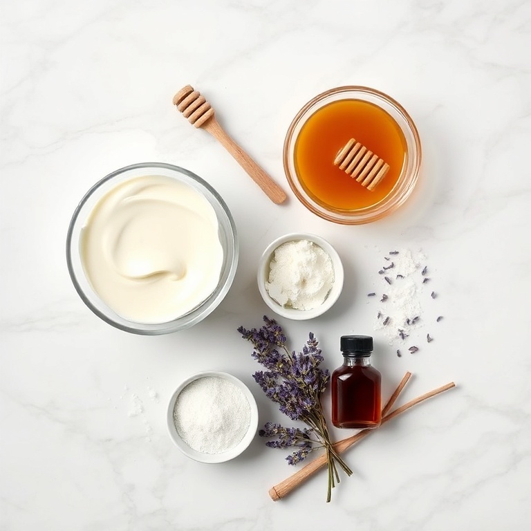 Ingredients for Honey Lavender Ice Cream laid out
