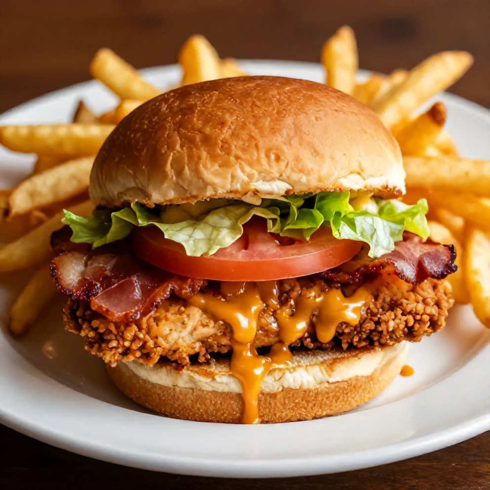 Plated Honey Mustard BLT Chicken Sliders with a side of fries