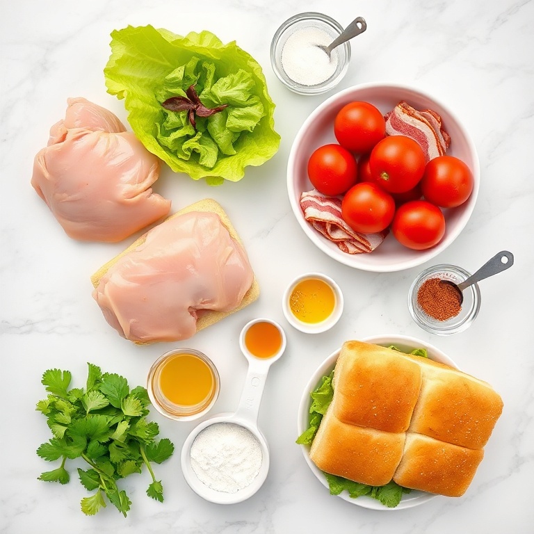 Raw ingredients for Honey Mustard BLT Chicken Sliders arranged on a marble surface