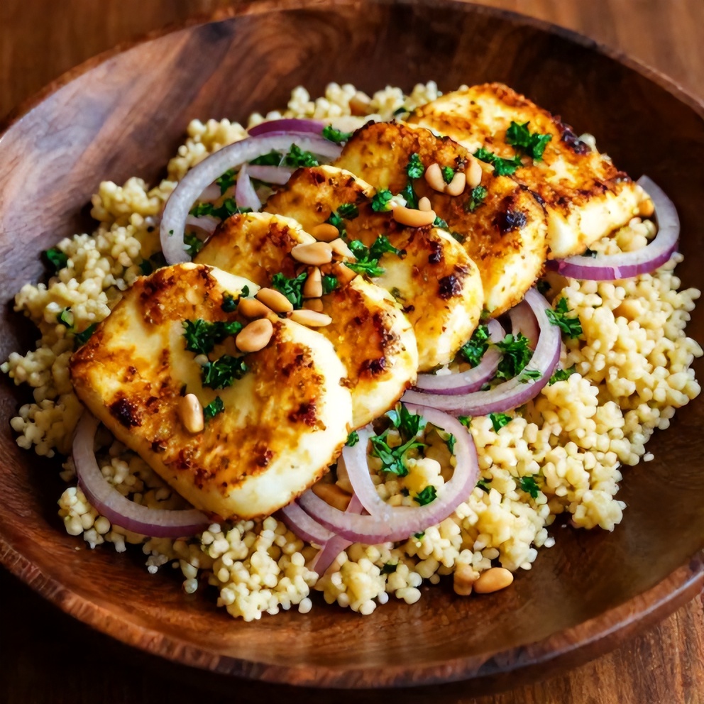 Plated hot honey halloumi salad with sumac onions