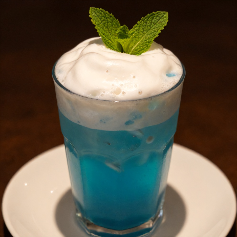 Iced Blue Tea Latte with Vanilla Cold Foam garnished with a mint leaf
