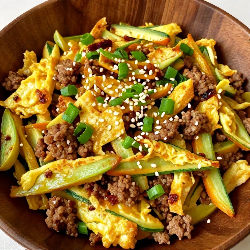 Plated Keto Egg Roll in a Bowl with green onions and sesame seeds