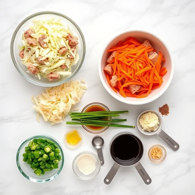 Raw ingredients for Keto Egg Roll in a Bowl laid out on a wooden surface