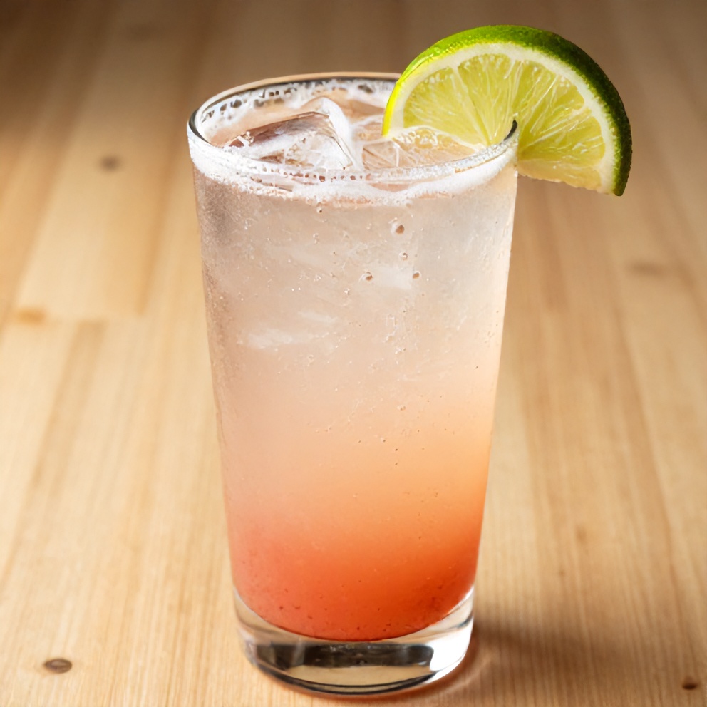 Glass of Keto Hibiscus Lime Sparkling Water with a lime wedge garnish