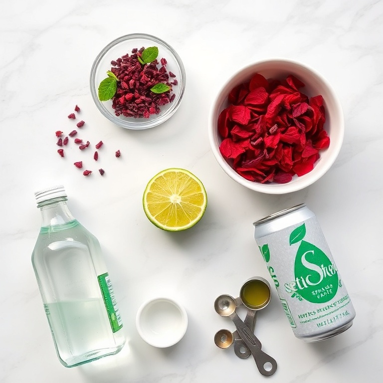 Hibiscus flowers, lime, stevia, and sparkling water on a wooden surface