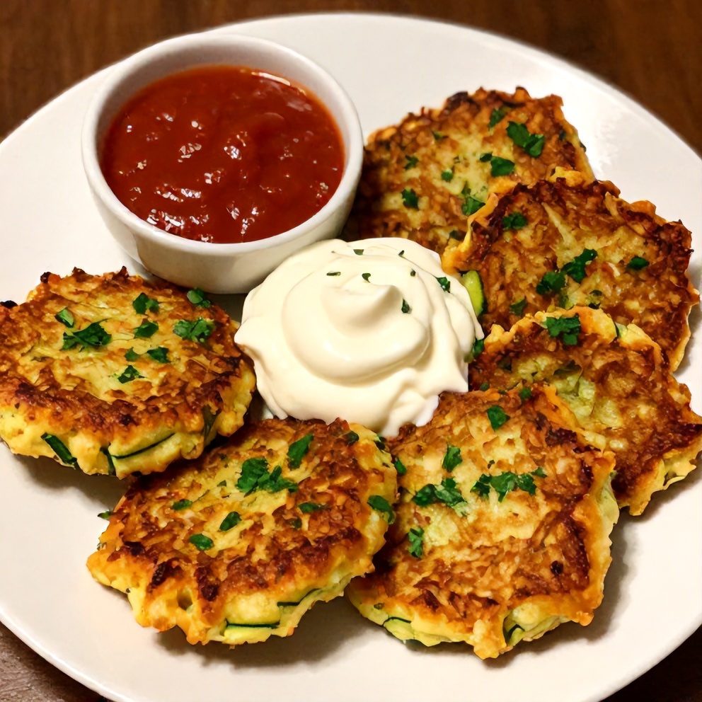 Plated Keto Zucchini Parmesan Fritters with Sour Cream Dip
