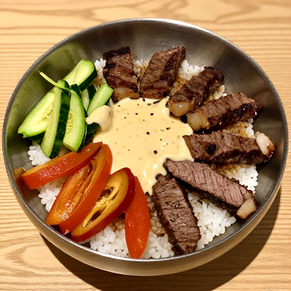 Plated Korean BBQ Steak Rice Bowl with Spicy Cream Sauce