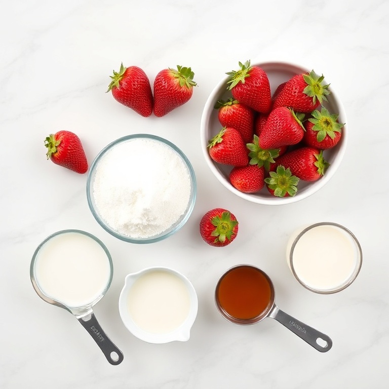 Strawberries, milk, sugar, and other ingredients for Korean strawberry milk