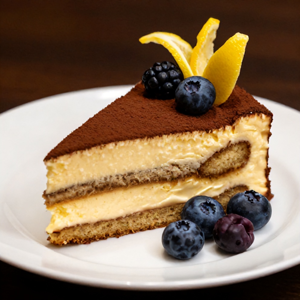 Lemon tiramisu slice on a white plate with a lemon twist garnish