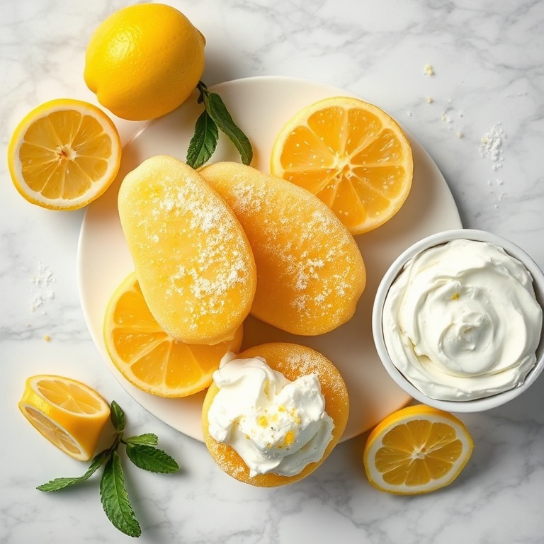 Raw ingredients for lemon tiramisu on a marble surface
