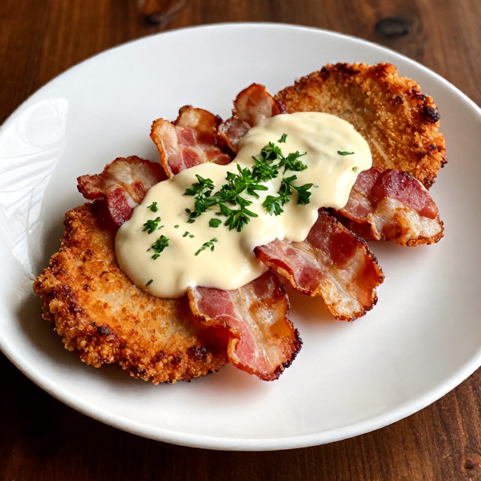 Plated maple bacon pork chops with creamy dijon sauce