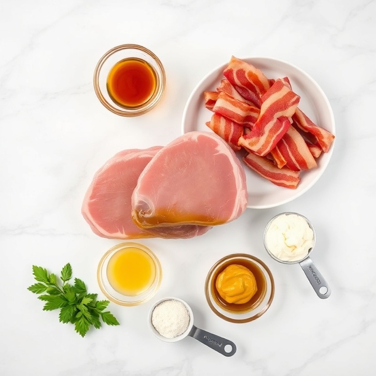 Raw ingredients for maple bacon pork chops with creamy dijon sauce