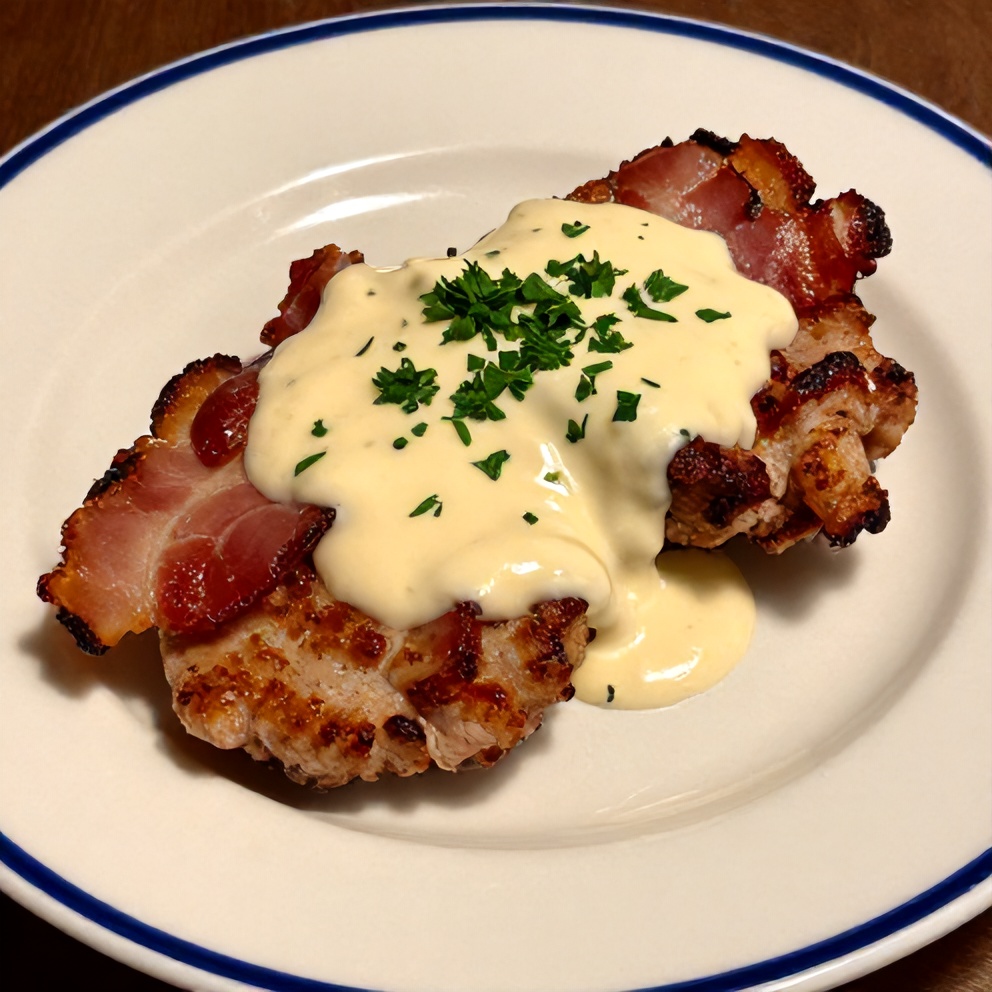 Plated serving of Maple Bacon Pork Chops with Creamy Dijon Sauce