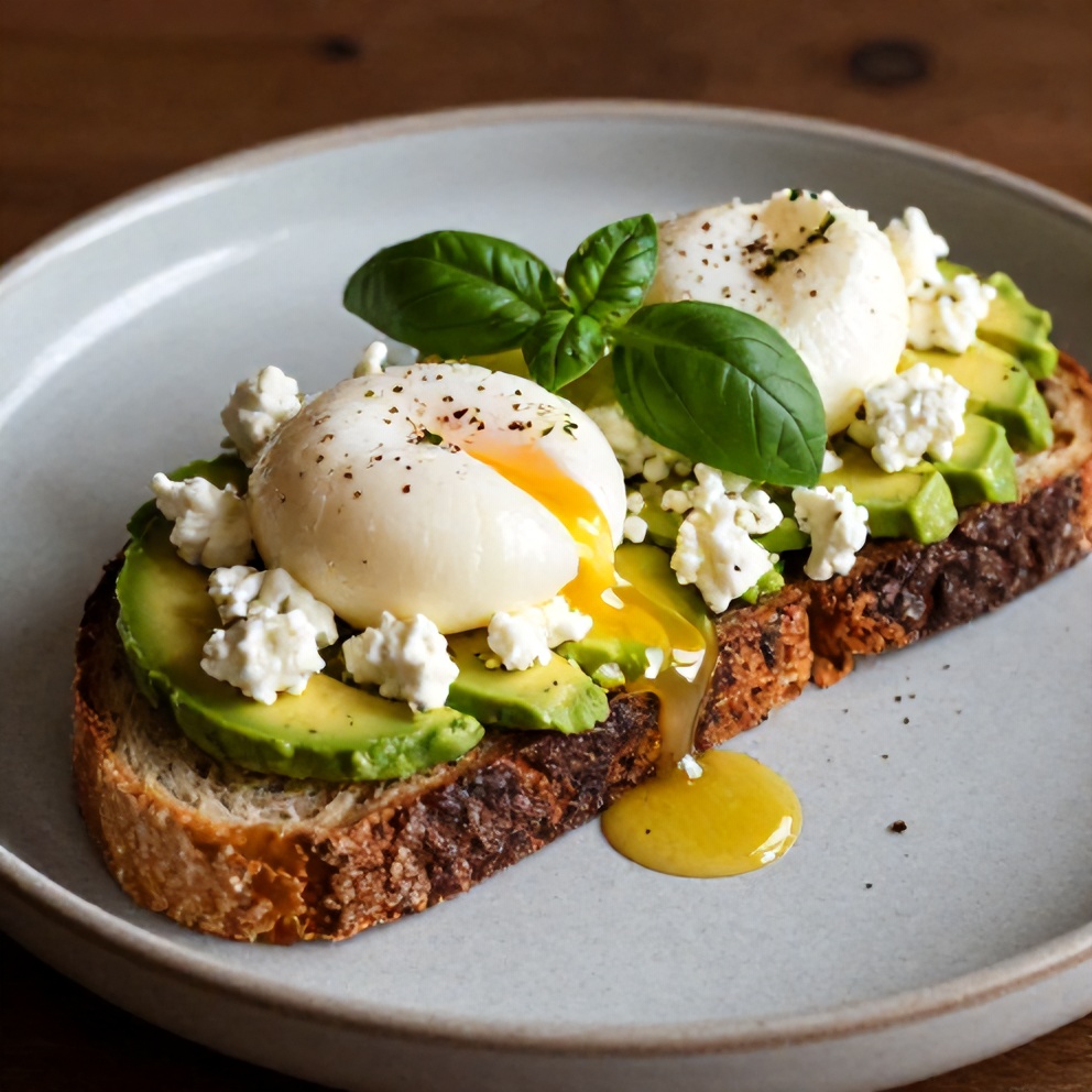 Mediterranean Avocado Toast with Poached Egg and Feta on a Rustic Plate