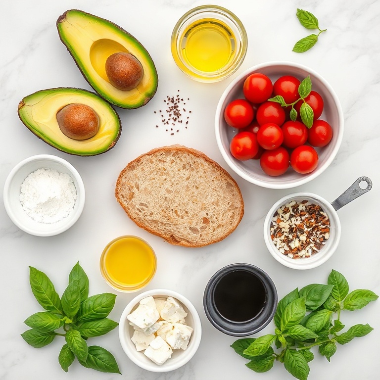Raw Ingredients for Mediterranean Avocado Toast with Poached Egg and Feta