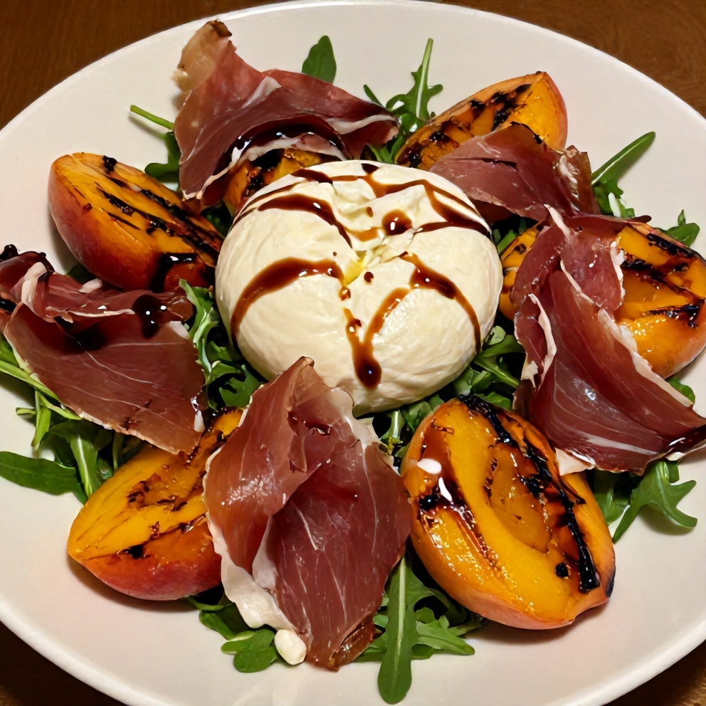 Mediterranean Grilled Peach Salad with Prosciutto and Burrata