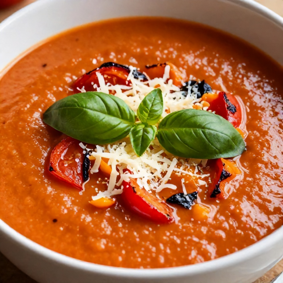 Mediterranean Tomato and Roasted Pepper Soup served in a bowl