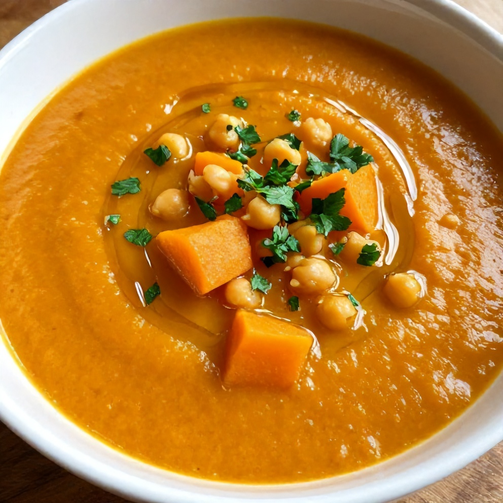 Bowl of Moroccan sweet potato and chickpea soup garnished with fresh parsley