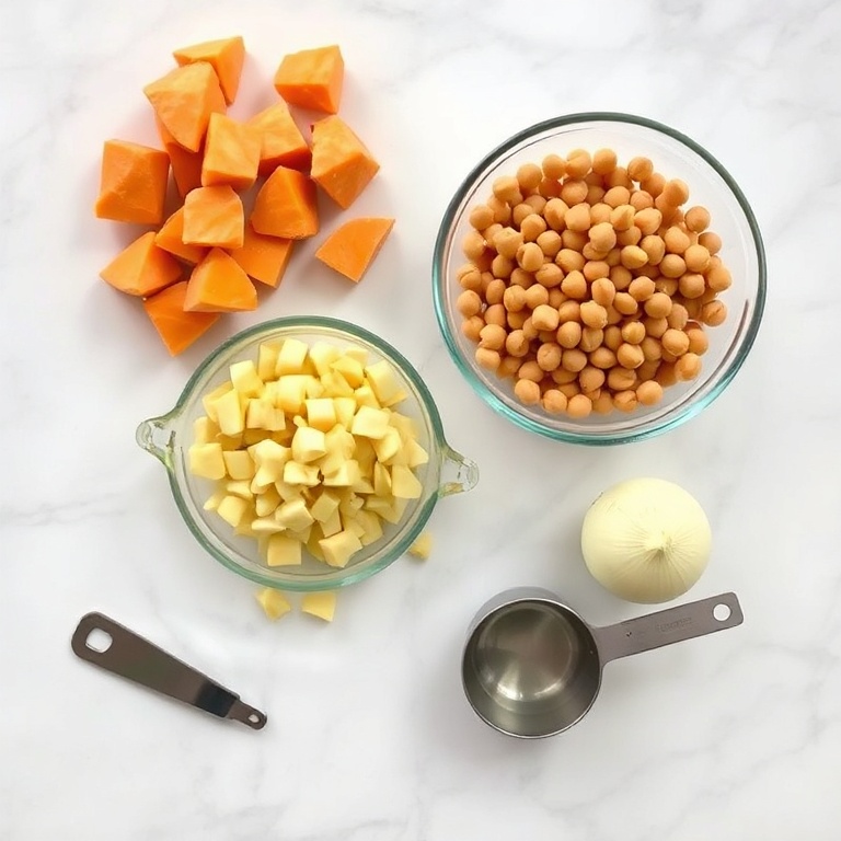 Raw ingredients for Moroccan sweet potato and chickpea soup including sweet potatoes, chickpeas, and warm spices