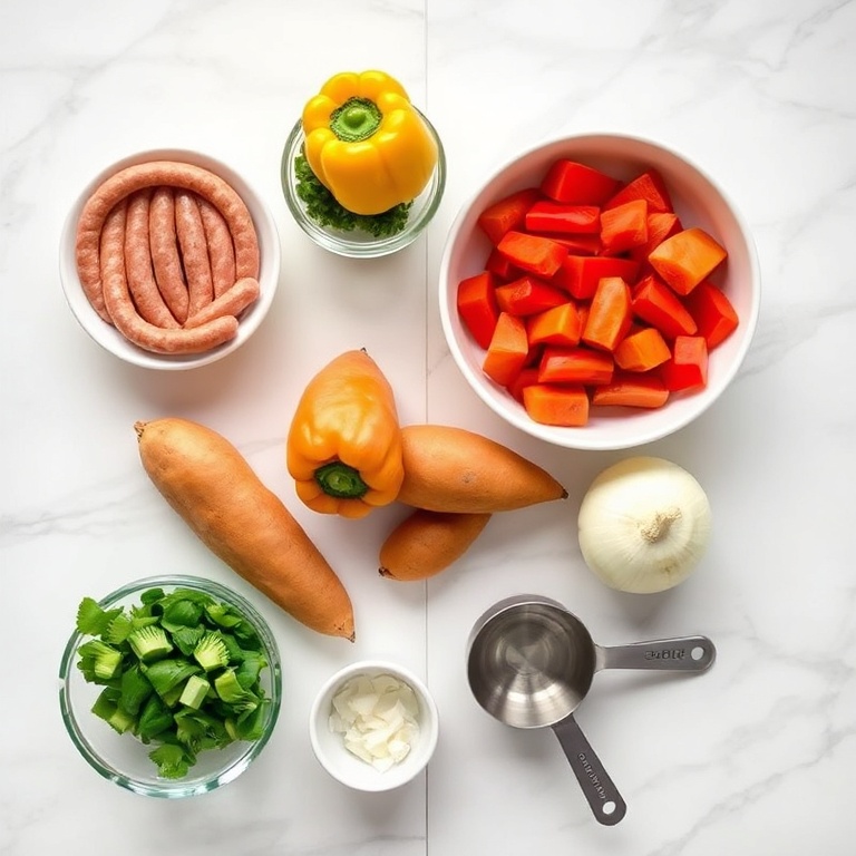 Raw ingredients for Honey Garlic Kielbasa and Veggies Dinner on a marble counter