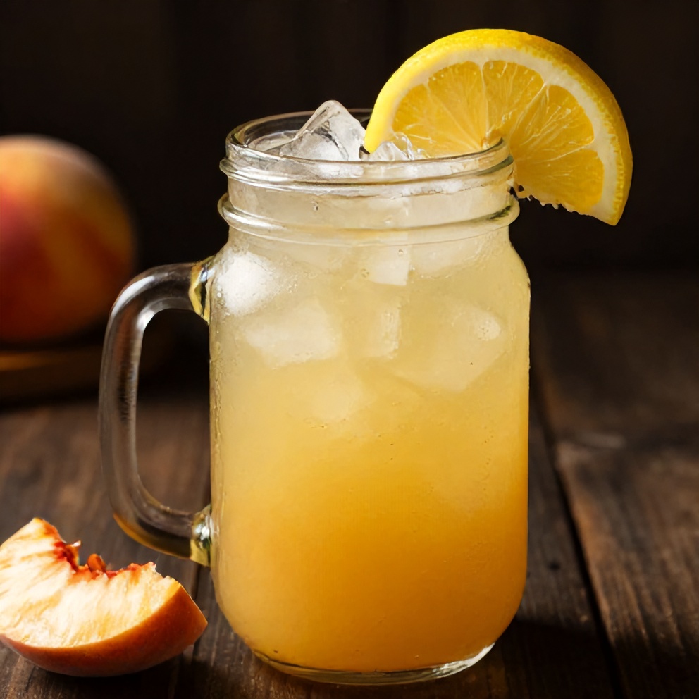 A glass of peach ginger lemonade with a lemon wheel garnish