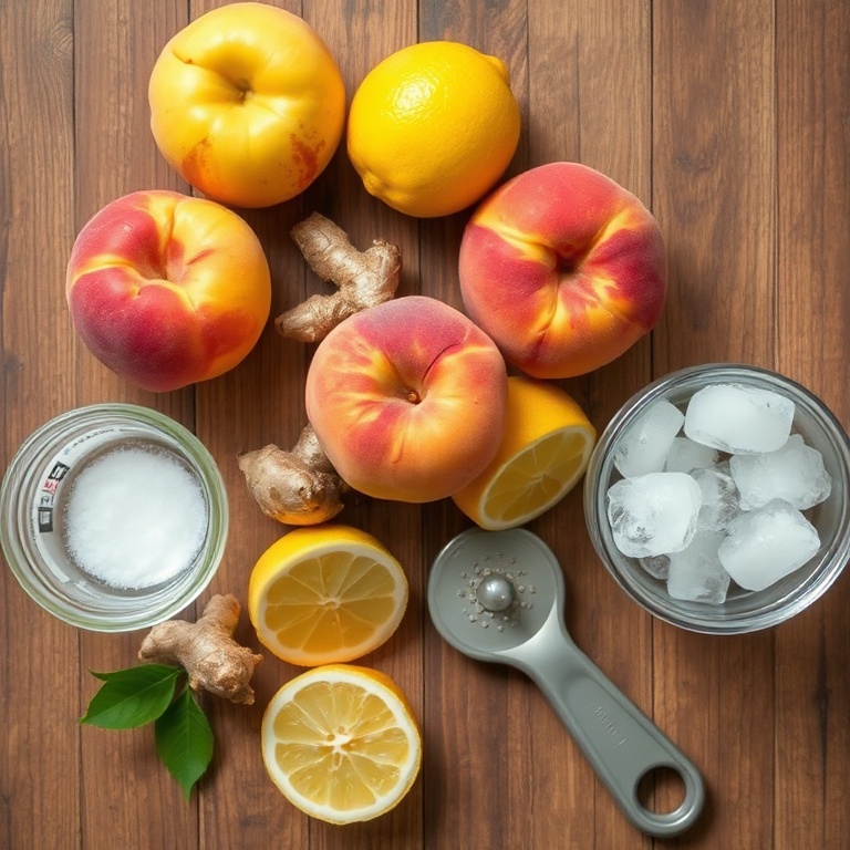 Peaches, ginger, lemons, sugar, water, ice, and a lemon juicer on a wooden surface